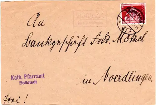 DR 1936, Landpost Stpl. BOLLSTADT über Nördlingen auf Pfarramts Brief m. 12 Pf. 