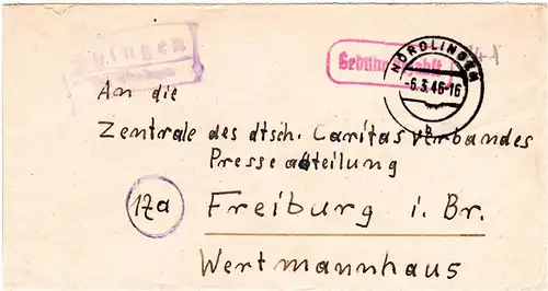 1946, Landpost Stpl. EHINGEN über Nördlingen auf Brief m. R1 Gebühr bezahlt