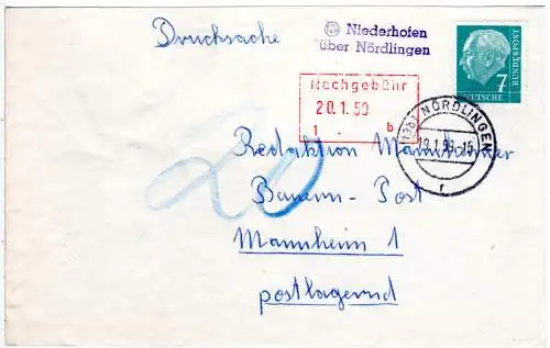 BRD 1959, Landpost Stpl. 13b NIEDERHOFEN über Nördlingen auf Brief m. 7 Pf. 