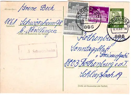 BRD 1963, Landpost Stpl. 8861 SCHWÖRSHEIM über Nördlingen auf 10 Pf. Ganzsache 