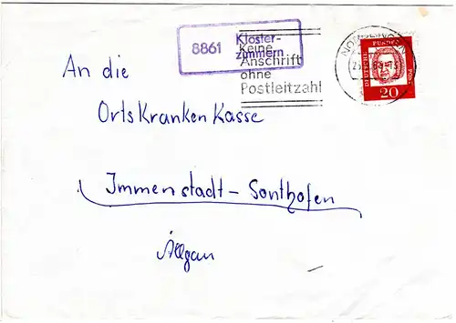 BRD 1963, Landpost Stpl. 8861 Klosterzimmern über Nördlingen auf Brief m. 20 Pf.