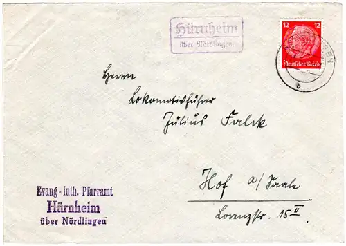1939, Landpost Stpl. HÜRNHEIM über Nördlingen auf Pfarramts Brief m. 12 Pf.