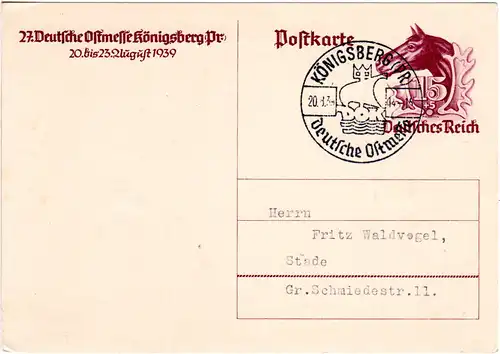 DR 1939, KÖNIGSBERG Dt. OSTMESSE, Sonder Stpl. auf 15+5 Pf. Sonder Ganzsache