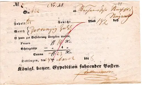Bayern 1848, Postschein v. Öttingen f. eine Wertsendung