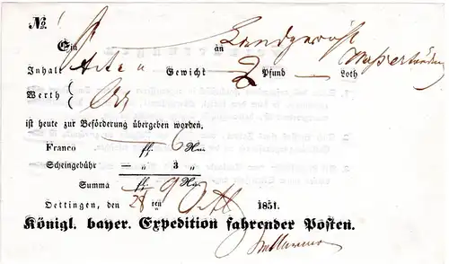 Bayern 1851, Postschein v. Öttingen m. eingedruckter Scheingebühr 3 Kr.
