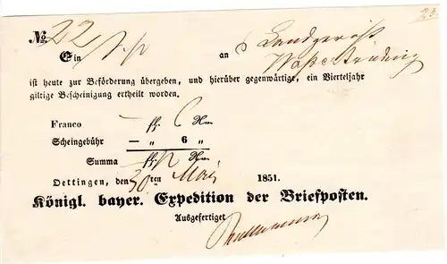 Bayern 1851, Postschein v. Öttingen m. eingedruckter Scheingebühr 6 Kr.