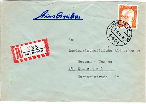 BRD 1973, 1,70 M. auf 6451 MARKÖBEL Einschreiben Brief v. HAMMERSBACH