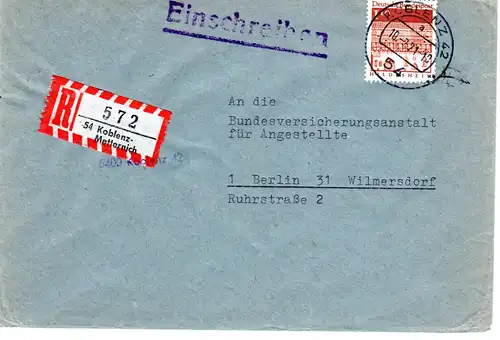 BRD 1971, 1,10 M. auf Brief m. überstempeltem 54 KOBLENZ METTERNICH Reko-Zettel