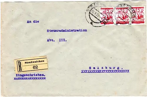 Österreich 1928, MeF 3er-Streifen 15 G. auf Einschreiben Brief v. STRASSWALCHEN