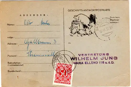 Österreich 1958, 50 Gr. Portomarke auf Karte v. STIXNEUSIEDL n. Maria Ellend.