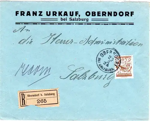 Österreich 1926, EF 45 Gr. auf Einschreiben Brief v. OBERNDORF b. SALZBURG