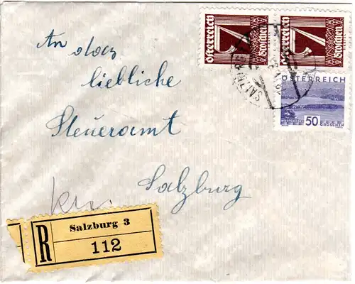 Österreich 1933, 2x7+50 Gr. auf Orts Einschreiben Brief v. Salzburg 3