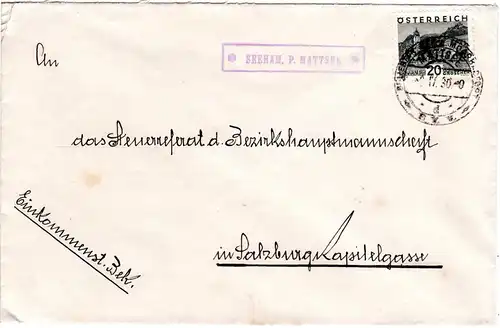 Österreich 1930, 20 Gr. auf Brief m. Posthilfstellen Stpl. SEEHAN, P. MATTSEE