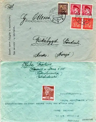 Tschechoslowakei 1938, 5 Marken auf Brief v. KRENOVICE n. Fiskabygd, Norwegen