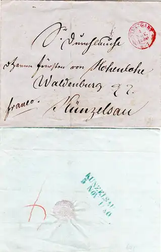 Württemberg 1850, roter K2 STUTTGART auf Franco Brief n. Künzelsau