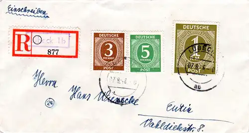 1946, 1 Mk.+3+5 Pf. auf Brief m. eingestempeltem Not-Reko Zettel v. Lübeck 1b