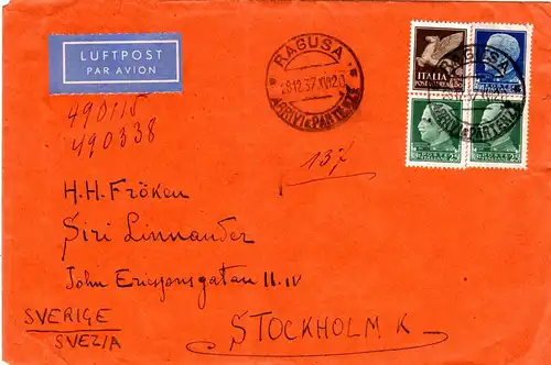 Italien 1937, 4 Marken auf Luftpost Brief v. RAGUSA n. Schweden