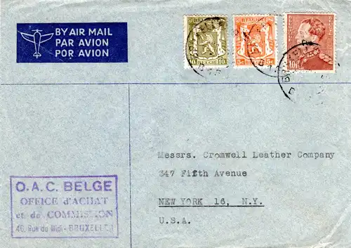 Belgien 1946, 10 Fr.+5+10 C. auf Luftpost Brief v. Brüssel n. USA