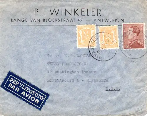 Belgien 1946, 10 Fr.+2x25 C. auf Luftpost Brief v. Antwerpen n. USA