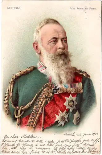 Bayern, Prinzregent Luitpold, 1901 gebr. Farb-AK m. Goldstaub