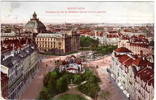 München, Karlsplatz v.d. St. Matthäus-Kirche, 1911 gebr. Farb-AK