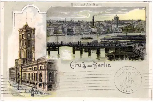 Blick auf Alt-Berlin m. Rathaus, 1907 gebr. Litho-AK