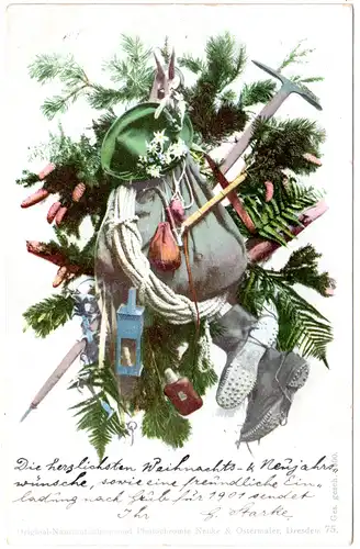 Weihnachts-Karte m. Tannengrün u. Bergsteiger-Ausrüstung, Farb-AK 