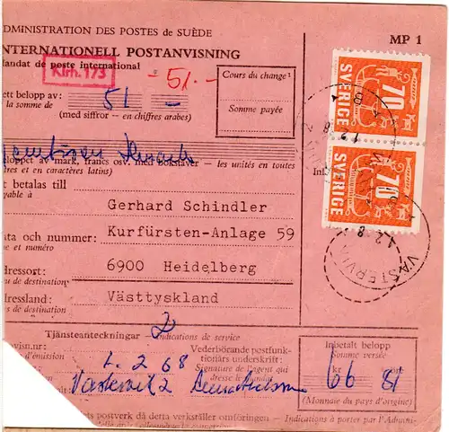Schweden 1968, Paar 70 öre auf Int. Postanweisung v. Västervik n. Heidelberg