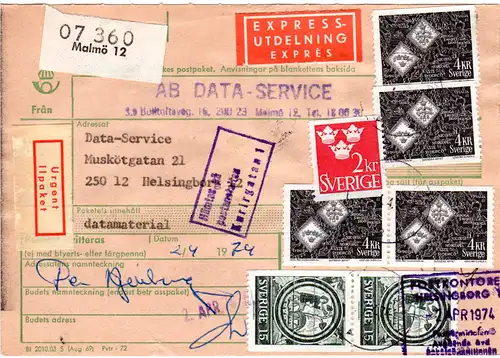 Schweden 1974, 7 Marken auf Express Paketkarte v. Malmö