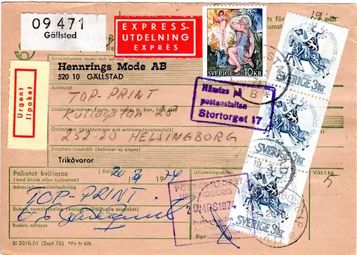 Schweden 1974, 10+3x3 Kr. auf Express Paketkarte v. Gällstad