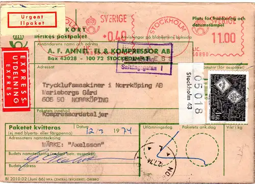 Schweden 1974, 2 Maschinen Freistpl.+4 Kr. auf Express Paketkarte v. Stockholm