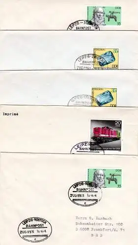DDR, 5 Bahnpost Briefe m. Leipzig-Schwerin/Zwickau/Rostock/Eisenach u. aptiert