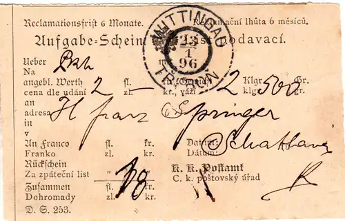 Österreich 1896, Böhmen-K2 WITTINGAU klar auf Postschein