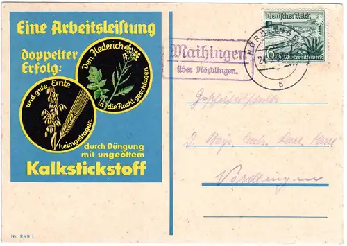 DR 1938, 6 Pf. WHW auf Reklame Karte m.Landpoststpl. MAIHINGEN über Nördlingen