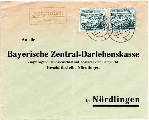 DR 1938, Landpost Stpl. HOLZKIRCHEN über Nördlingen auf Brief m. 2x6 Pf. WHW