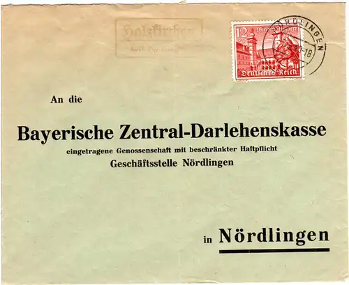 DR 1940, Landpost Stpl. HOLZKIRCHEN über Nördlingen auf Brief m. 12 Pf. WHW