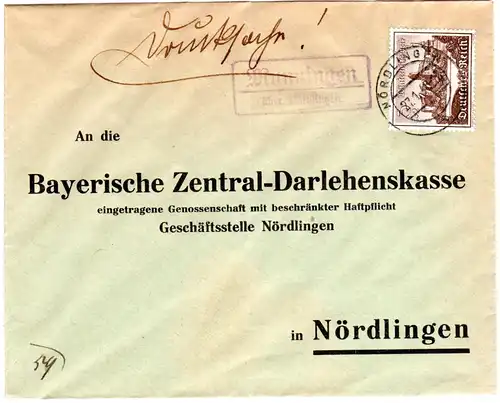 DR 1940, Landpost Stpl. MUNNINGEN über Nördlingen auf Brief m. 3 Pf. WHW