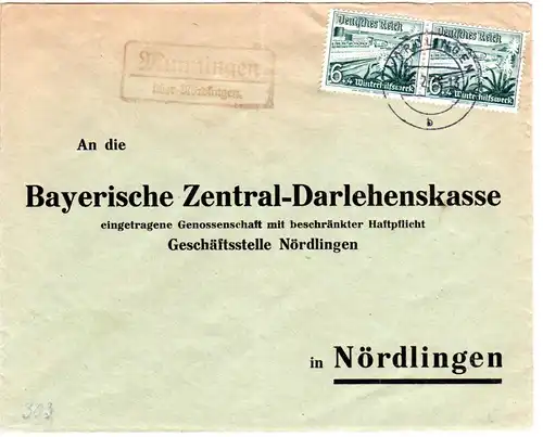 DR 1938, Landpost Stpl. MUNNINGEN über Nördlingen auf Brief m. Paar 6 Pf. WHW