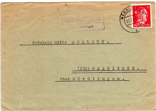 DR 1944, Landpost Stpl. HOHENALTHEIM über Nördlingen auf Brief m. 12 Pf.