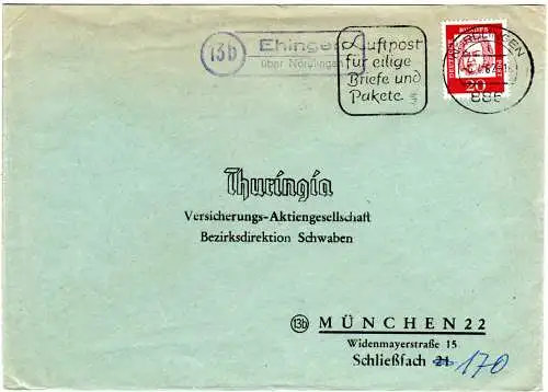 BRD 1962, Landpost Stpl. 13b EHINGEN über Nördlingen auf Brief m. 20 Pf. Bach