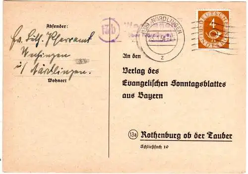 BRD 1954, Landpost Stpl. 13b WECHINGEN über Nördlingen auf Karte m. 4 Pf.