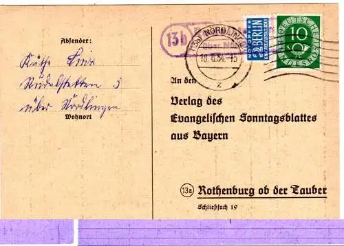 BRD 1954, Landpost Stpl. 13b RUDELSTETTEN über Nördlingen auf Karte m. 10 Pf.