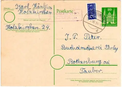 BRD 1950, Landpost Stpl. 13b HOLZKIRCHEN über Nördlingen auf 10 Pf. Ganzsache