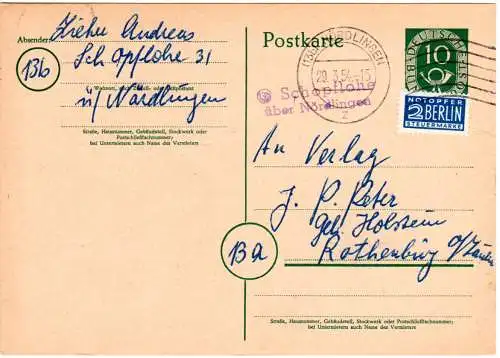 BRD 1954, L2-Landpost Stpl. 13b SCHOPFLOHE über Nördlingen auf 10 Pf. Ganzsache