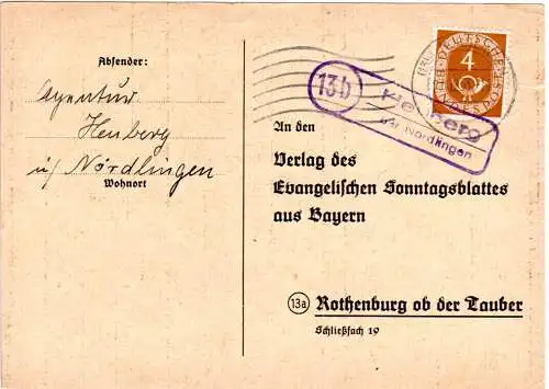 BRD 1953, Landpost Stpl. 13b HEUBERG über Nördlingen auf Karte m. 4 Pf.