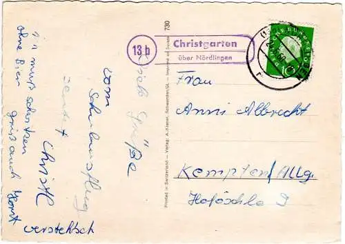 BRD 1960, Landpost Stpl. 13b CHRISTGARTEN über Nördlingen auf Karte m. 10 Pf.