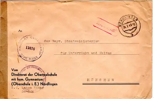 1948, Gebühr bezahlt auf Oberrealschule Vordruck Brief v. Nördlingen m.Zensur