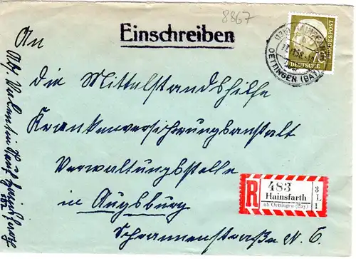 BRD 1958, 70 Pf. auf Einschreiben Brief m. R-Zettel HAINSFARTH üb. Oettingen