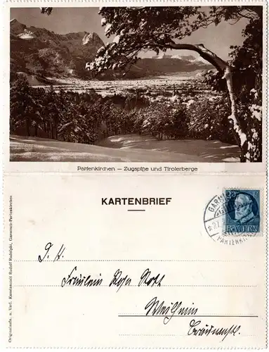 Bayern 1920, 20 Pf. auf Kartenbrief m. Abb. Partenkirchen u. Zugspitze