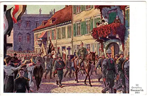 Bayern 1916, 3x2 1/2 Pf. auf Künstler (HEMPFING) Farb-AK  Ausmarsch 1914